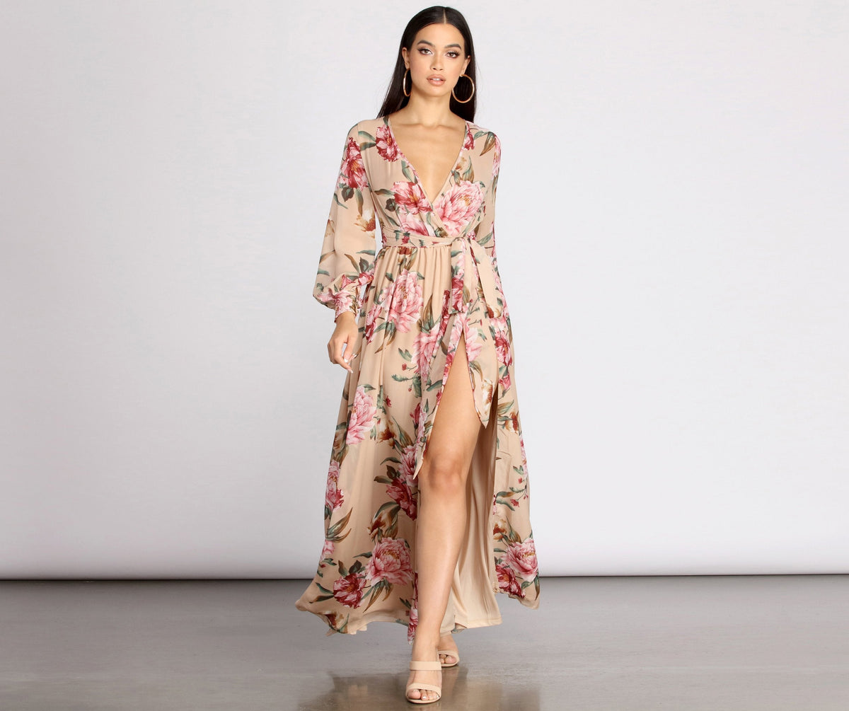 Caralisa Floral Chiffon High Slit Dress Sai Feel