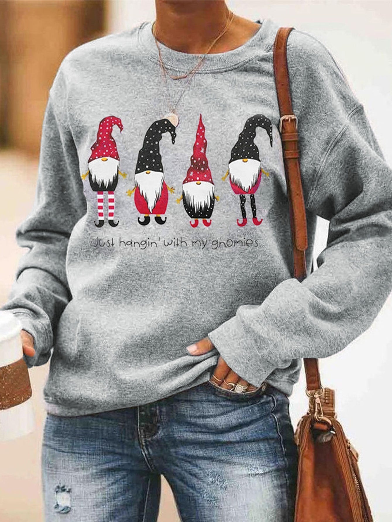 Cartoon Pattern Long Sleeve Crew Neck Top Sai Feel