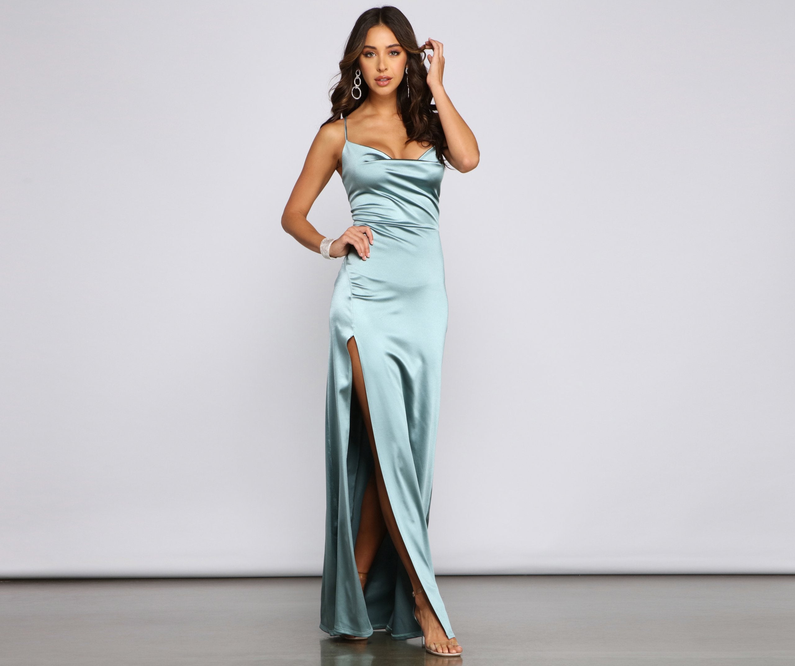 Cassie Sleeveless Satin High Slit Formal Dress Sai Feel