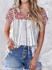 Casual Boho Print V-Neck Short Sleeve T-Shirt Sai Feel