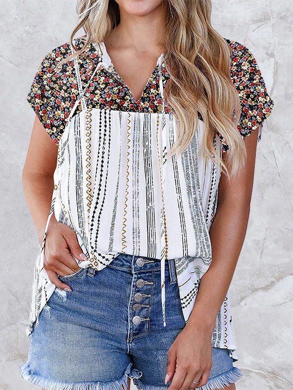 Casual Boho Print V-Neck Short Sleeve T-Shirt Sai Feel