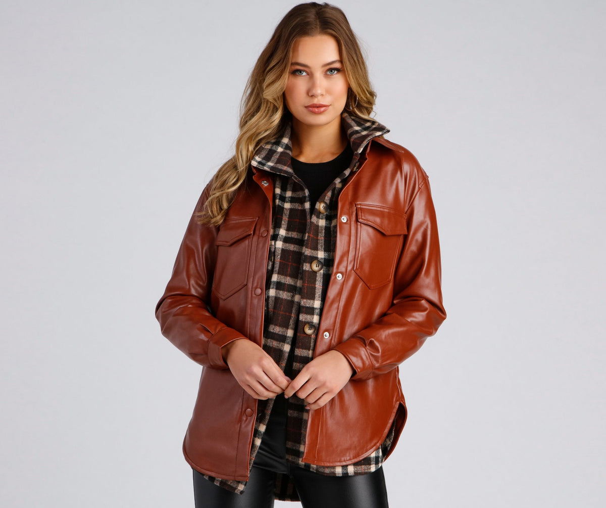 Casual-Chic Mood Faux Leather Shacket Sai Feel