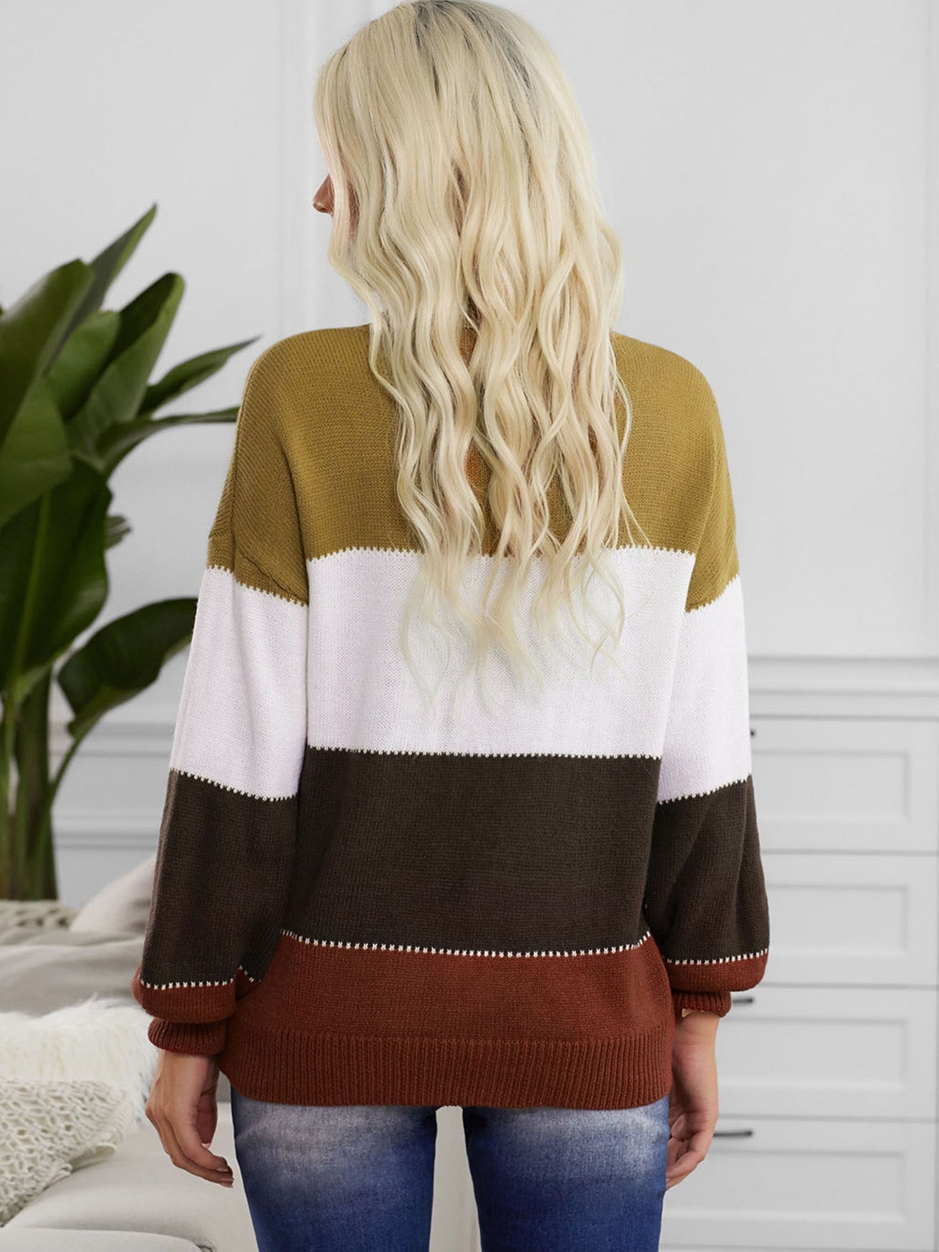 Casual Color Block Turtleneck Sweater Long Sleeve Knit Pullover Tops Sai Feel