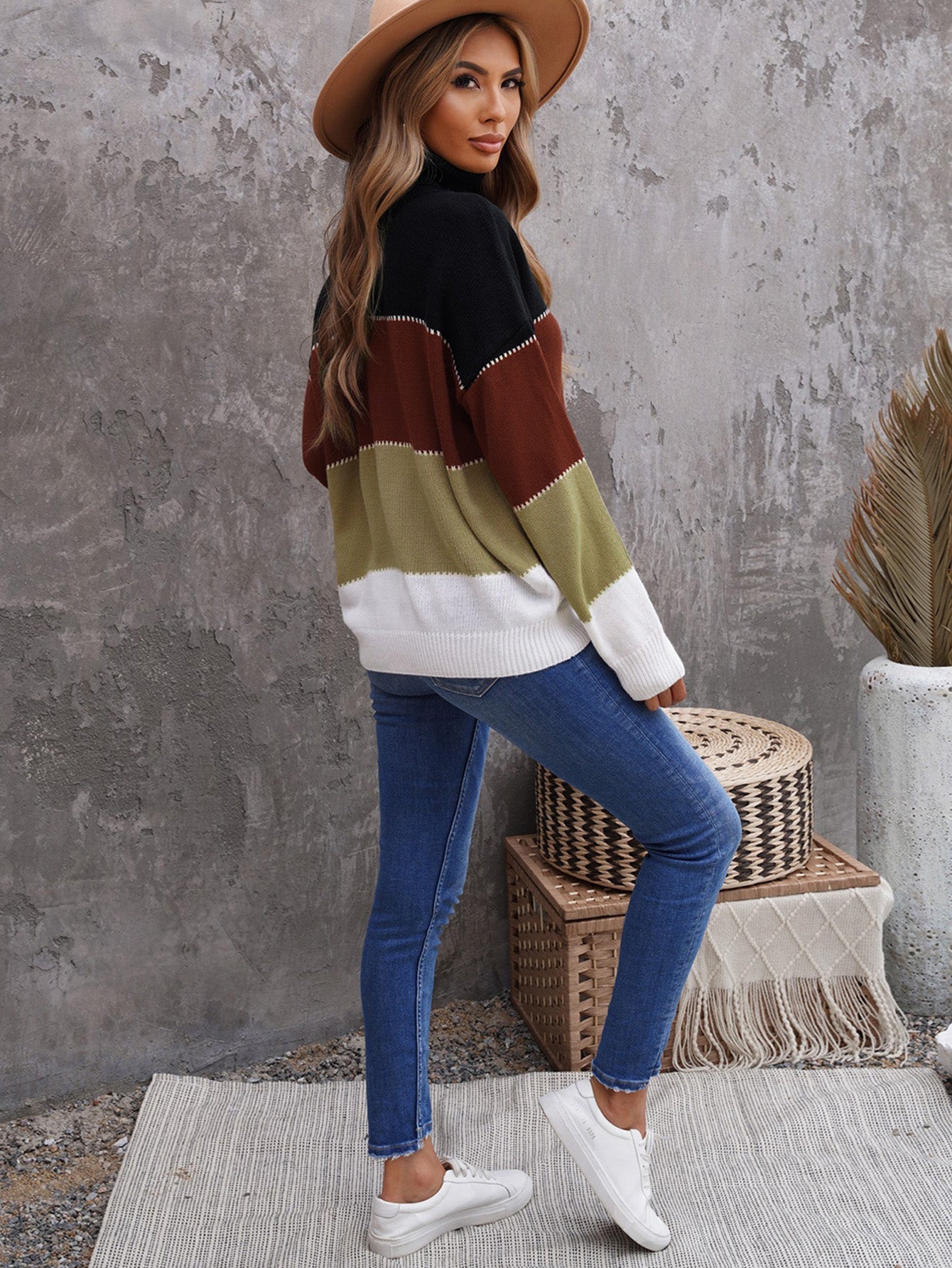 Casual Color Block Turtleneck Sweater Long Sleeve Knit Pullover Tops Sai Feel