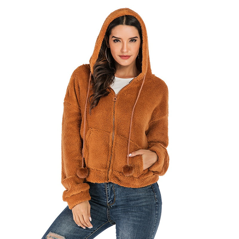 Casual Fleece Woolen Coat Women Solid Loose Hooded Coat Autumn Winter Warm Jackets Sai Feel