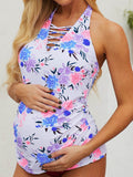 Casual Floral Print Crisscross Lace Up V-neck Maternity Swimwear Halter Sai Feel