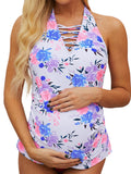Casual Floral Print Crisscross Lace Up V-neck Maternity Swimwear Halter Sai Feel