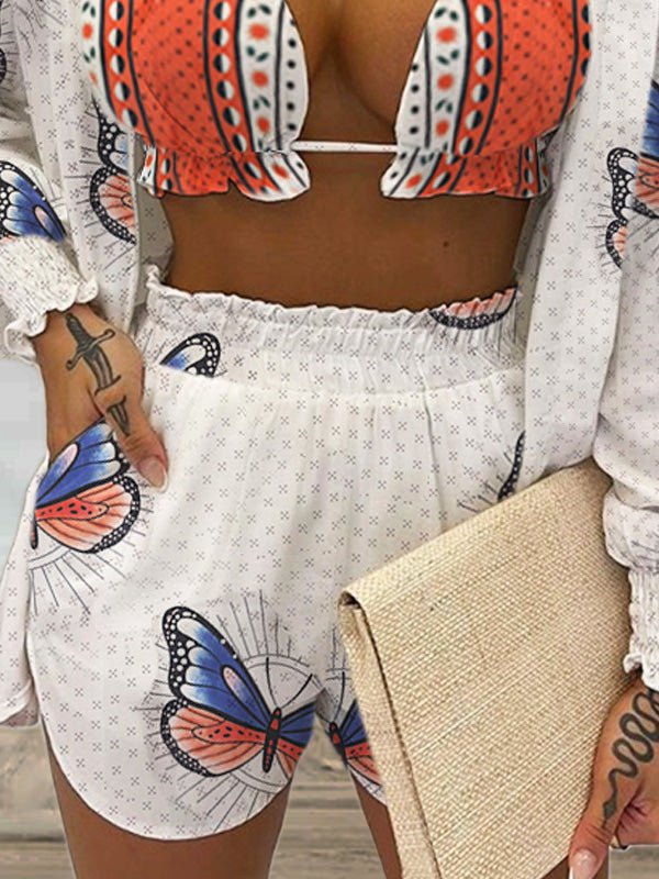 Casual Jacket Shorts Butterfly Print Three-Piece Set Sai Feel