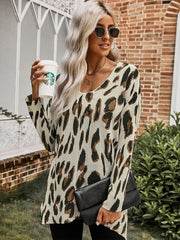 Casual Loose Long Sleeve V Neck Side Split Leopard High-Low Hemline Knit Tunic Sweaters Sai Feel