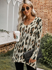 Casual Loose Long Sleeve V Neck Side Split Leopard High-Low Hemline Knit Tunic Sweaters Sai Feel