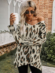 Casual Loose Long Sleeve V Neck Side Split Leopard High-Low Hemline Knit Tunic Sweaters Sai Feel