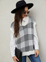 Casual Loose V-neck Sleeveless Checkered Knit Vest Sweater Sai Feel