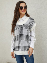 Casual Loose V-neck Sleeveless Checkered Knit Vest Sweater Sai Feel