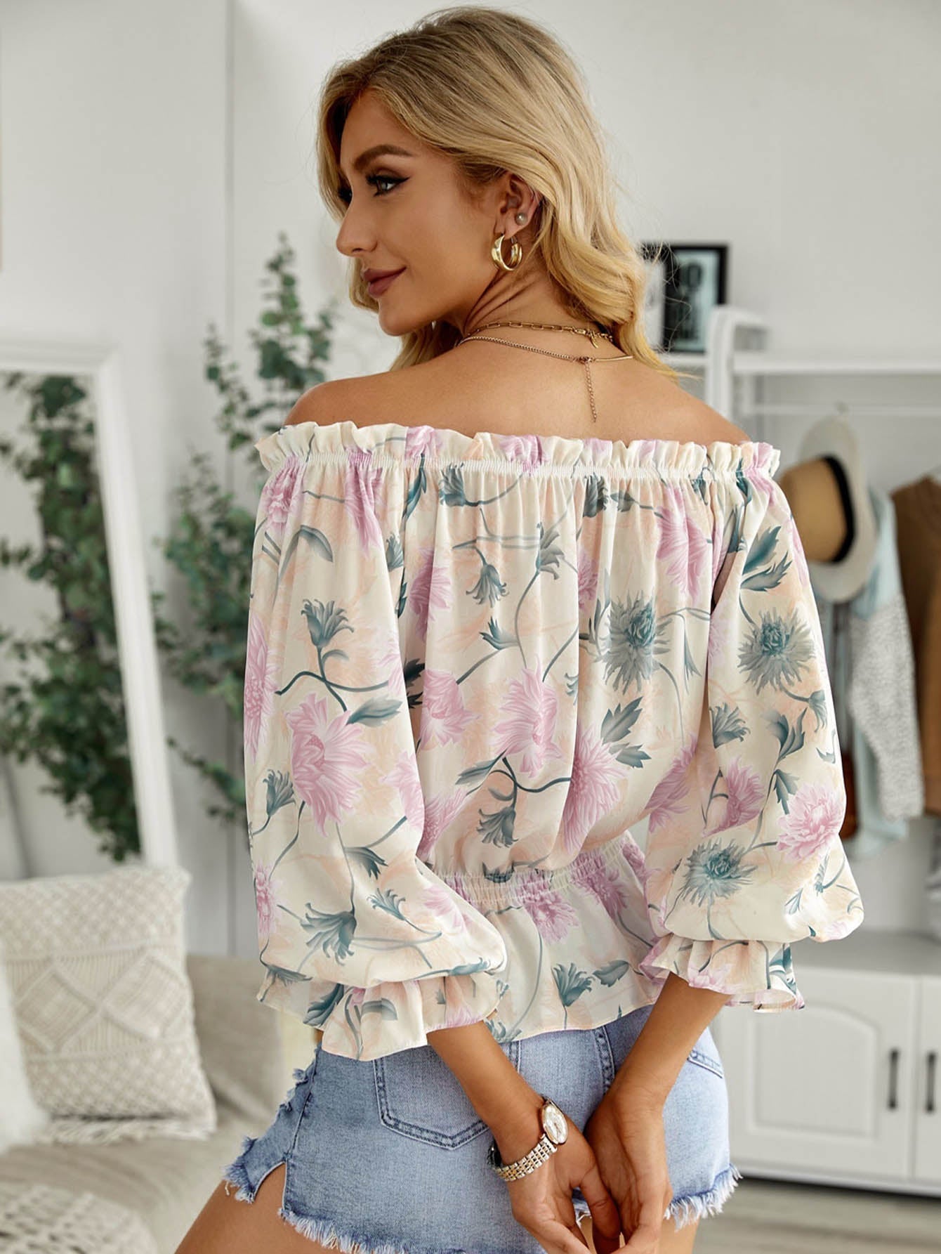 Casual Off Shoulder Tops Comfy Floral Print Lantern Sleeve Blouses Loose Fit Shirts Sai Feel