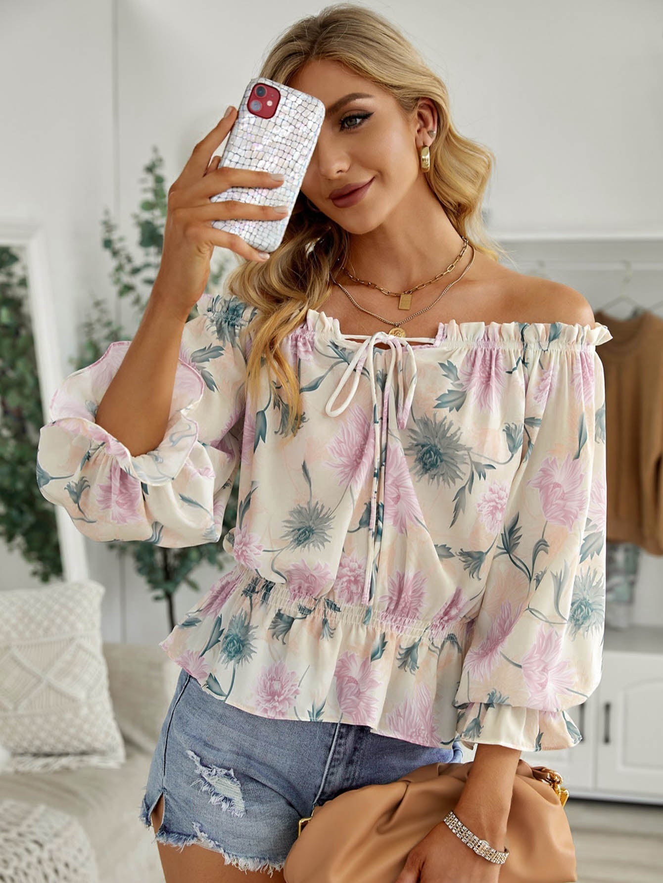 Casual Off Shoulder Tops Comfy Floral Print Lantern Sleeve Blouses Loose Fit Shirts Sai Feel