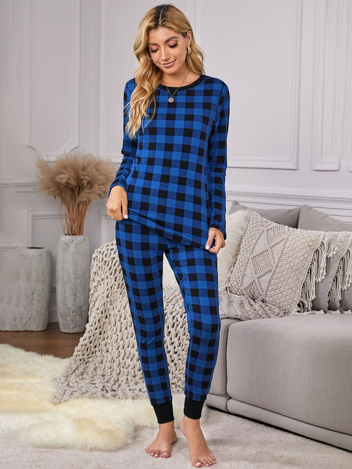 Casual Plaid 2 Pieces Set Crewneck Long Sleeve Top Trousers Loungewear Pajamas Set Sai Feel