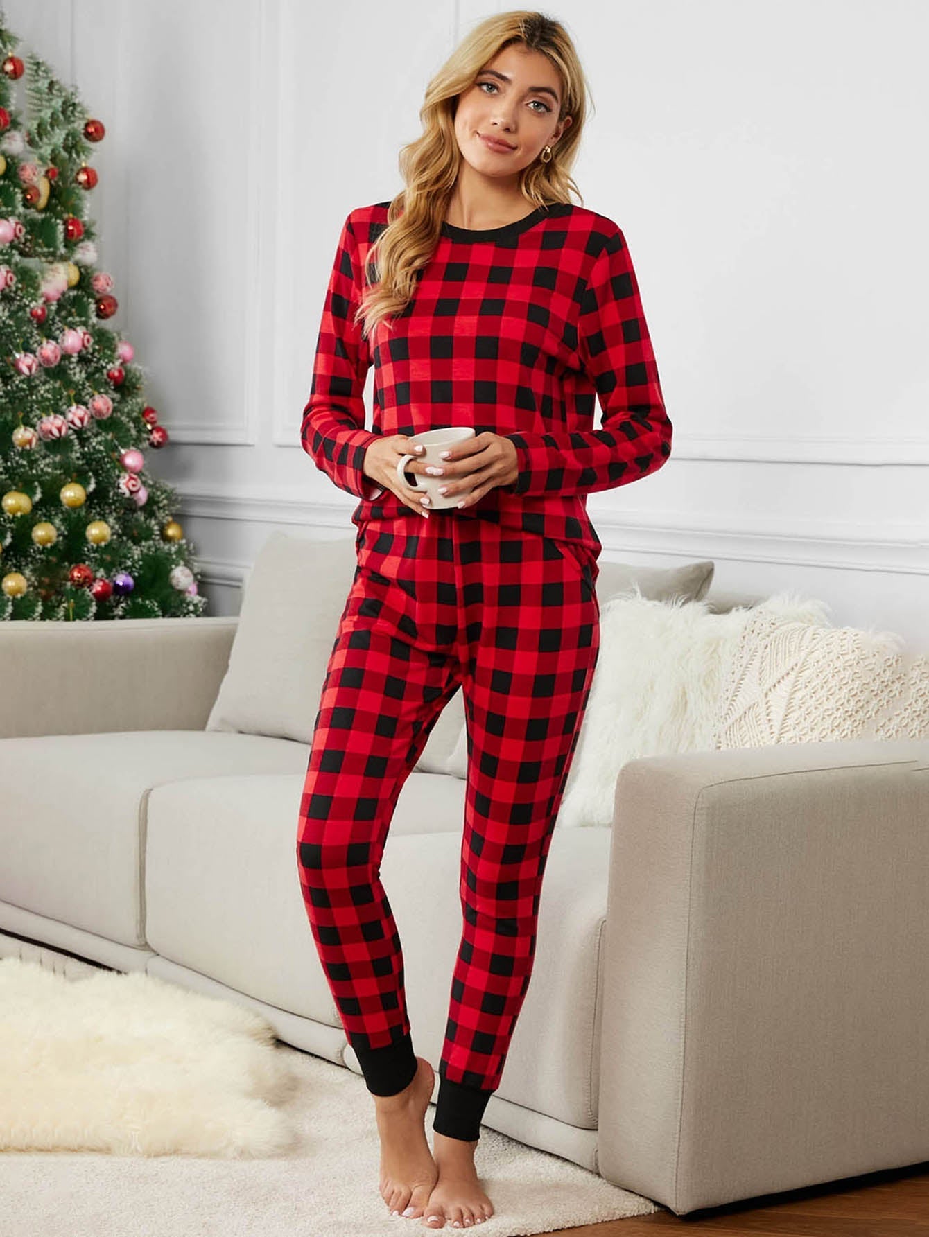 Casual Plaid 2 Pieces Set Crewneck Long Sleeve Top Trousers Loungewear Pajamas Set Sai Feel