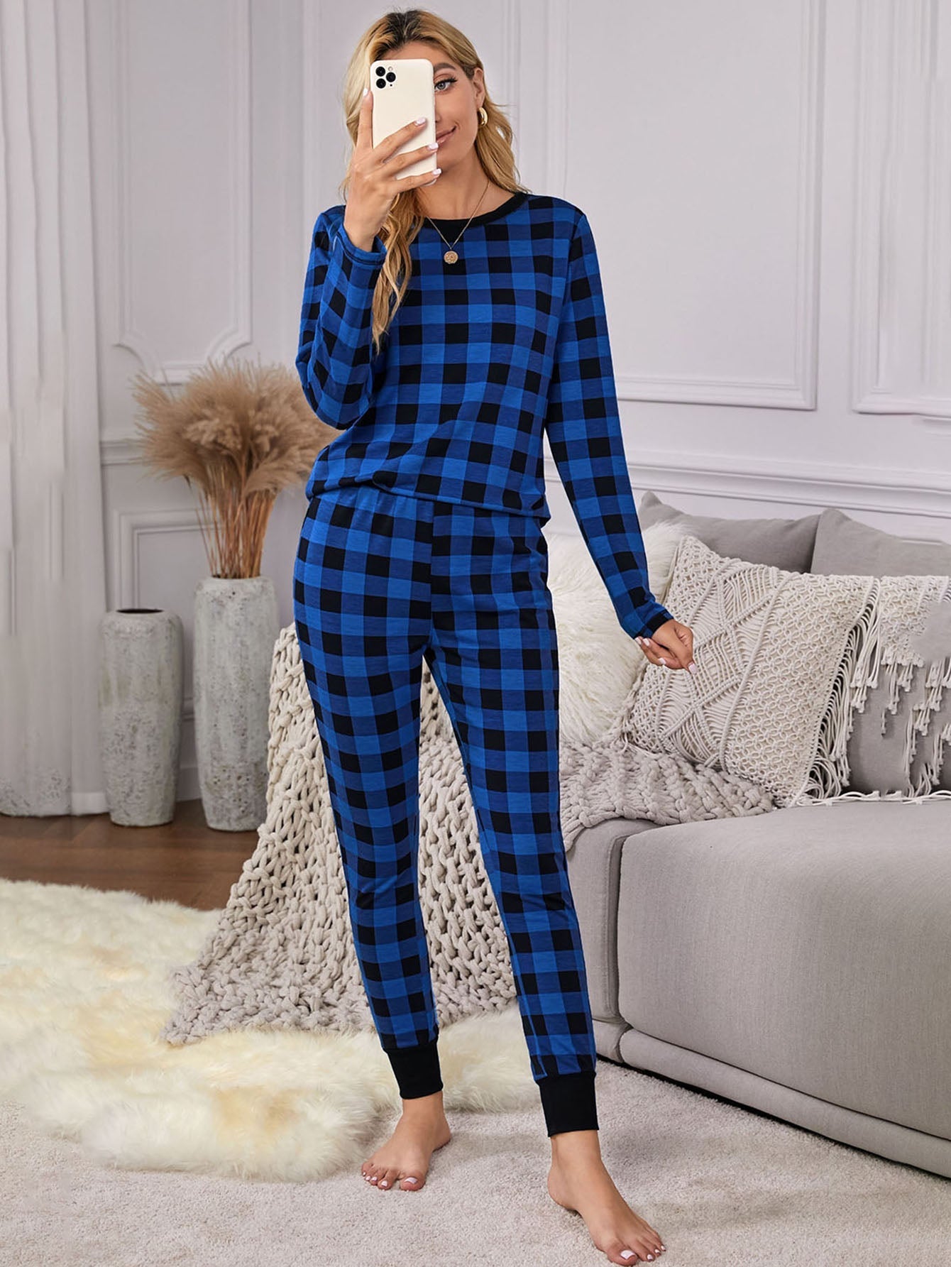 Casual Plaid 2 Pieces Set Crewneck Long Sleeve Top Trousers Loungewear Pajamas Set Sai Feel