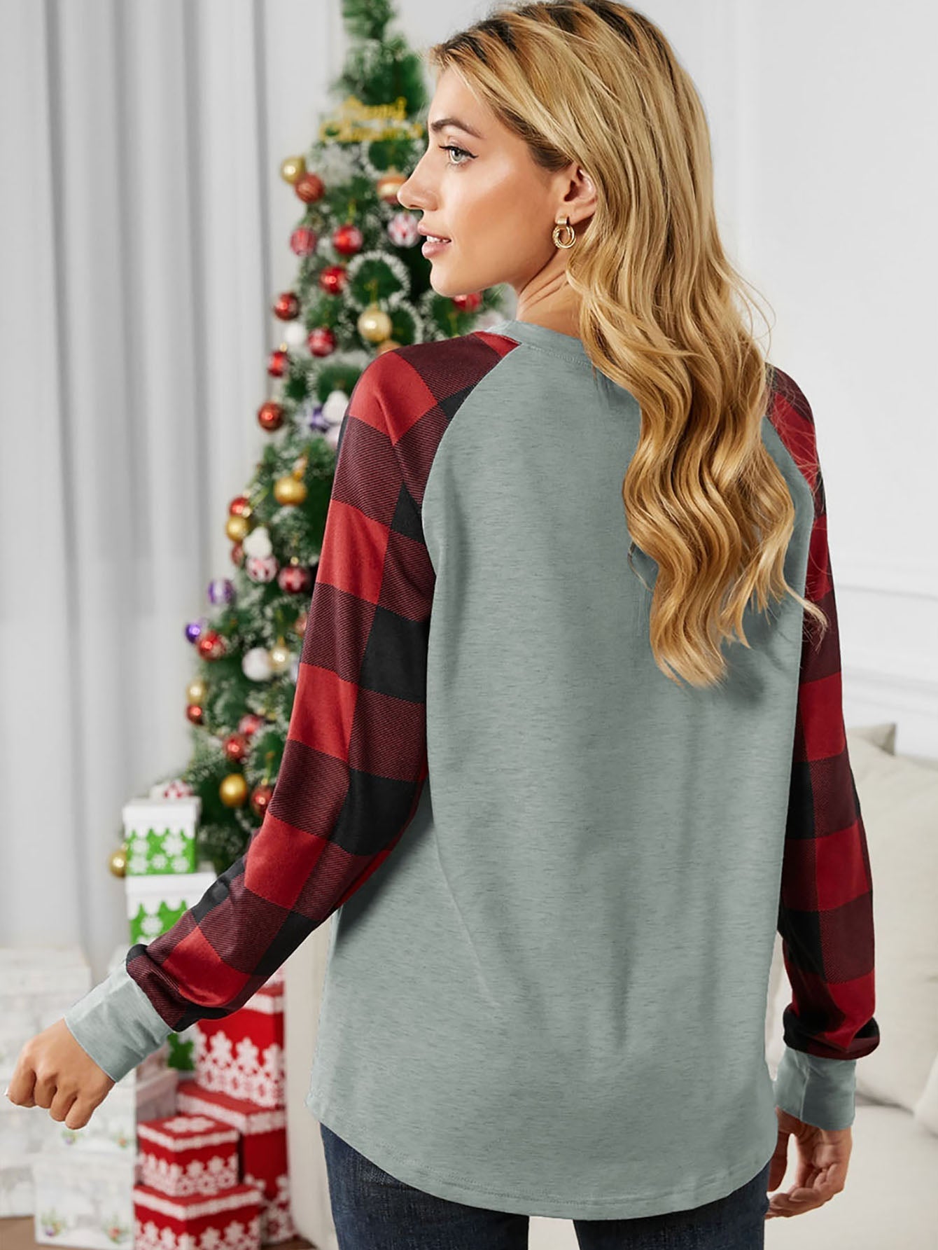 Casual Plaid Patchwork Long Sleeve Crew Collar Jumper Top Sai Feel