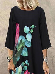 Casual Print Crew Neck Mid Sleeve Dress Sai Feel