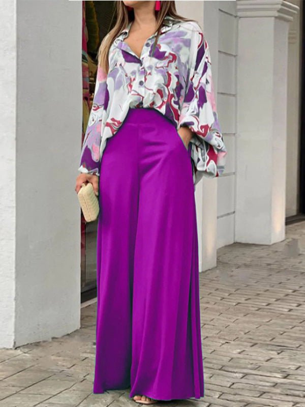 Casual Print Shirt & Wide Leg Pants Two Piece Set Sai Feel