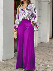 Casual Print Shirt & Wide Leg Pants Two Piece Set Sai Feel
