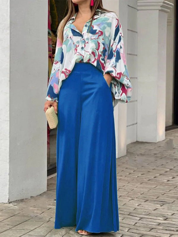 Casual Print Shirt & Wide Leg Pants Two Piece Set Sai Feel