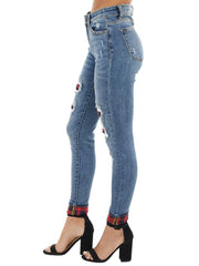 Casual Red Plaid Light Blue Ripped Jeans Sai Feel