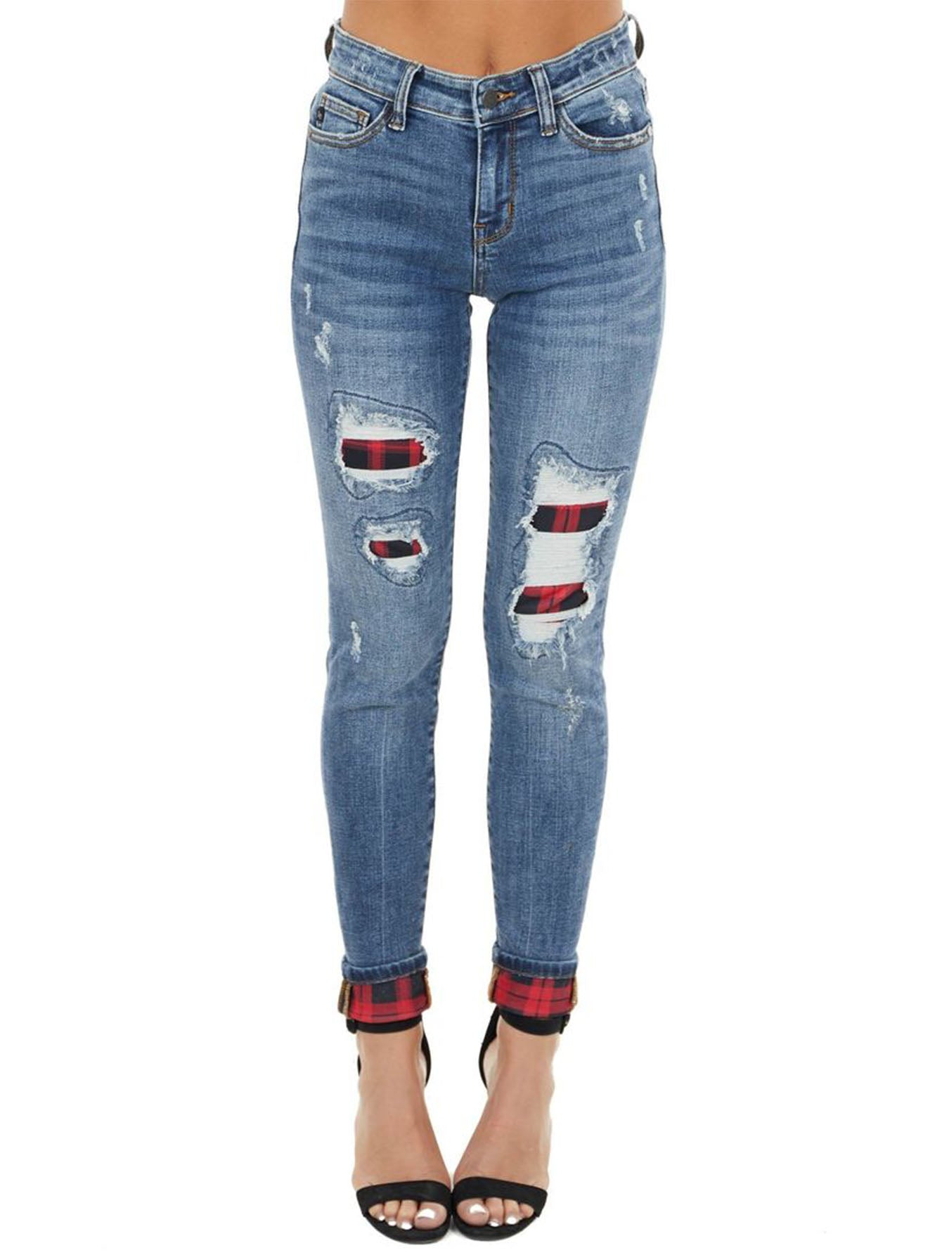 Casual Red Plaid Light Blue Ripped Jeans Sai Feel