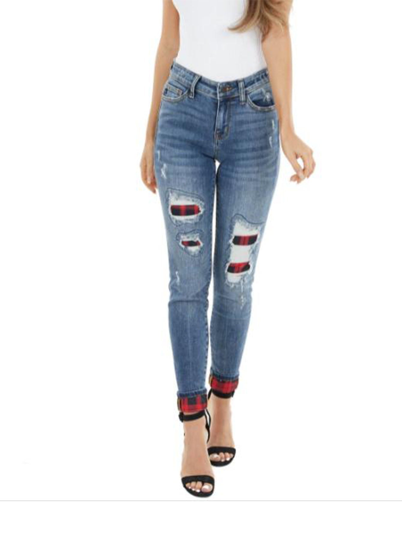 Casual Red Plaid Light Blue Ripped Jeans Sai Feel