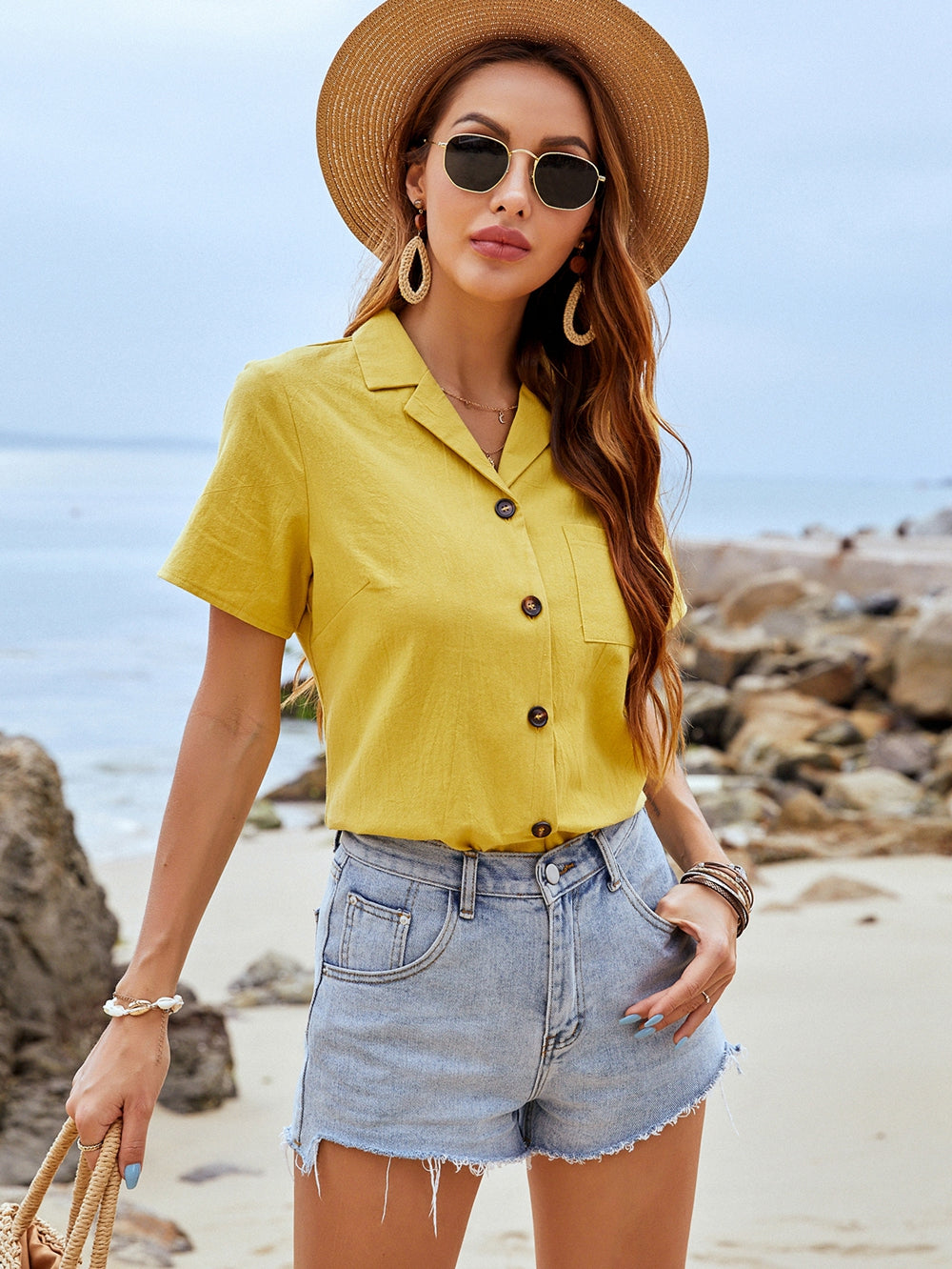 Casual Shirt Collar Yellow Cotton Top Sai Feel