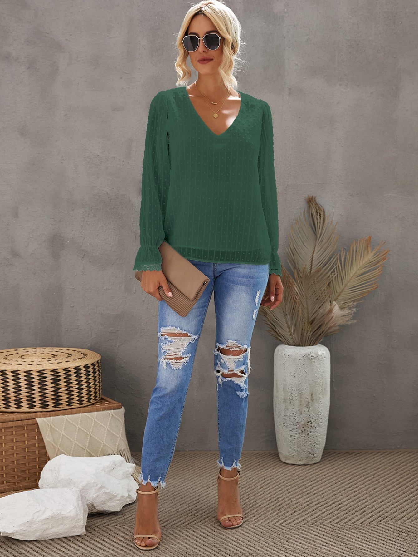 Casual Solid Color Shirt Dot Blouse Top Sai Feel