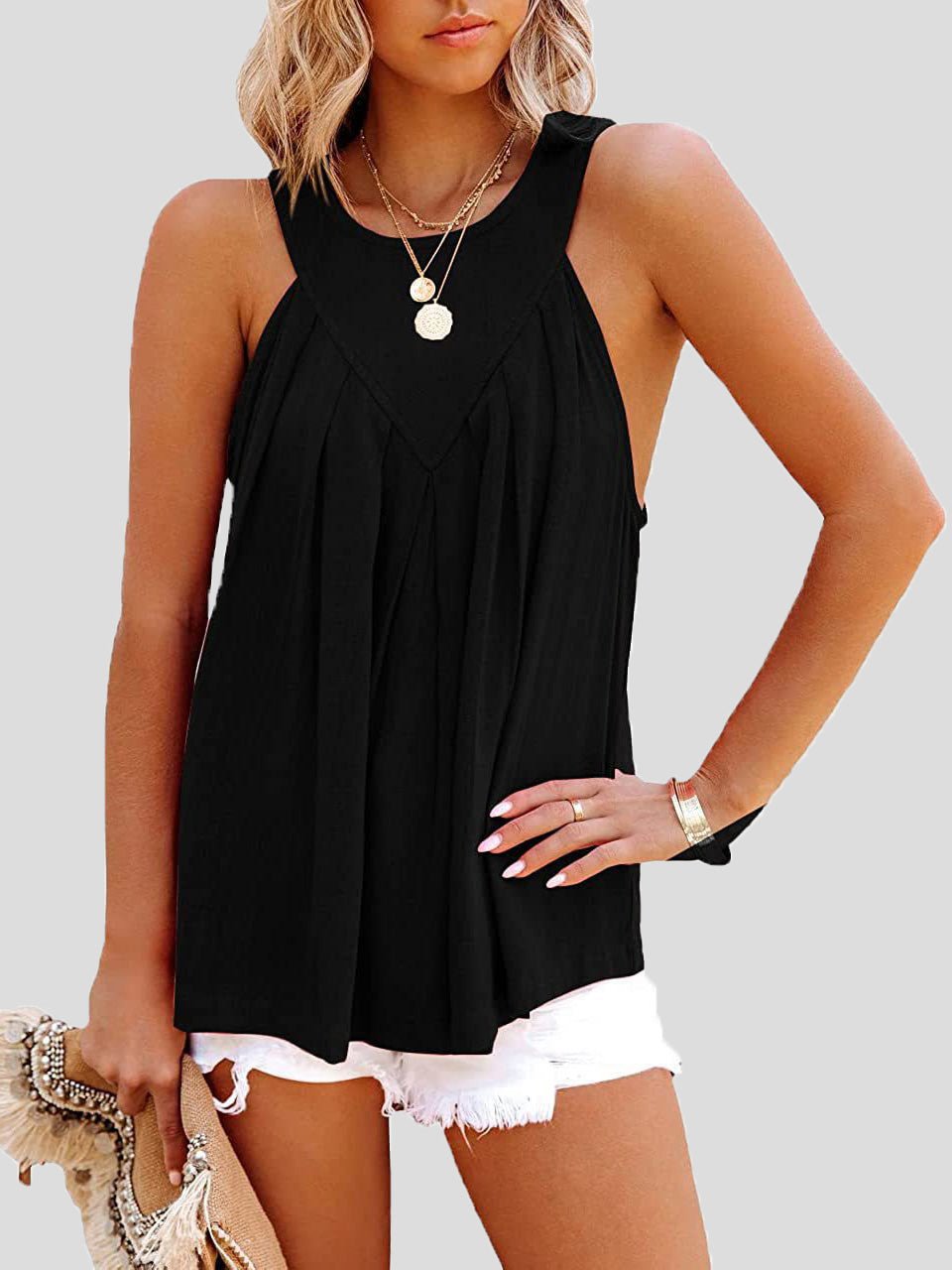 Casual Solid Halter Sleeveless Tank Top Sai Feel