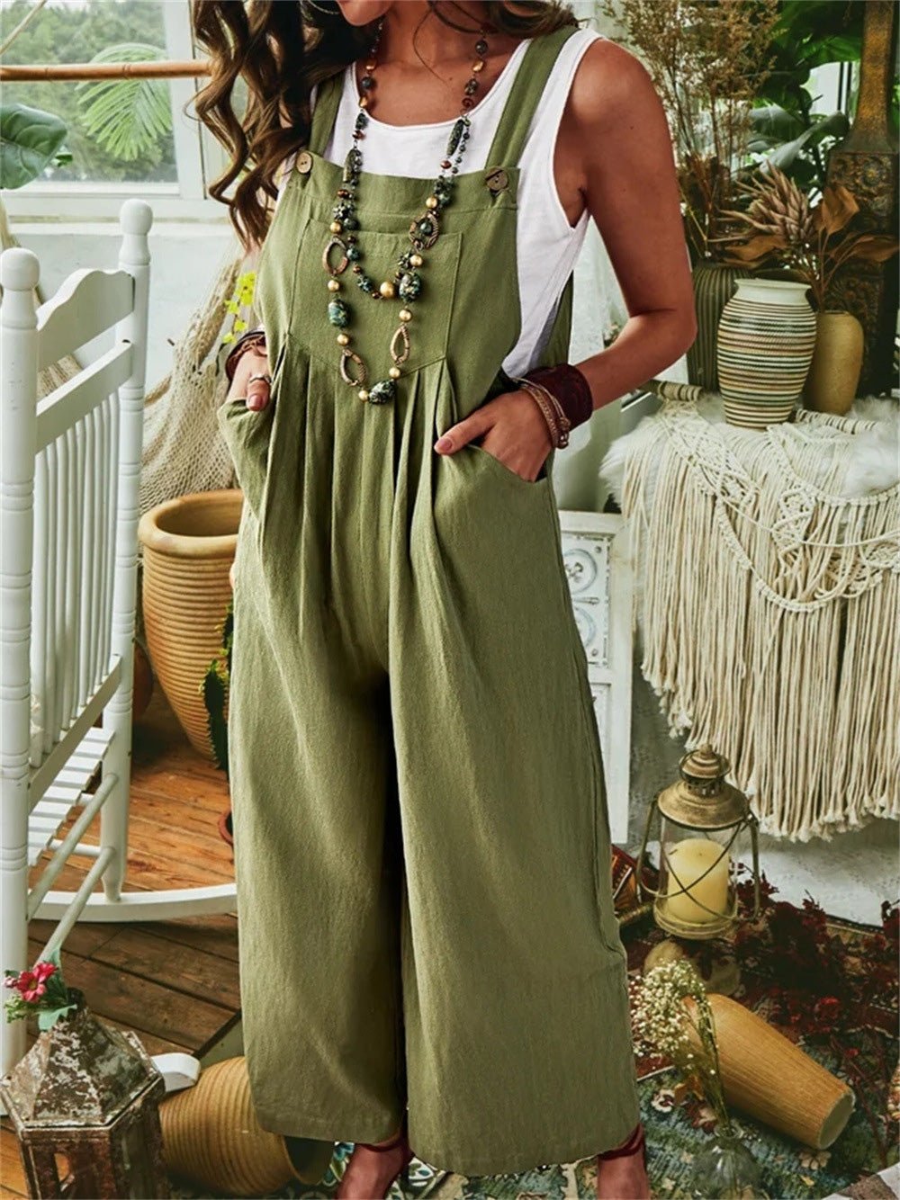 Casual Solid Sleeveless Pocket Wide Leg Jumpsuit Sai Feel