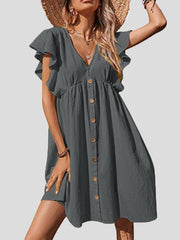 Casual V-Neck Ruffle Sleeve Button Dress Sai Feel