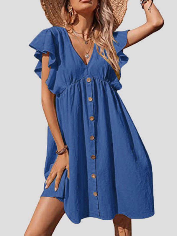 Casual V-Neck Ruffle Sleeve Button Dress Sai Feel