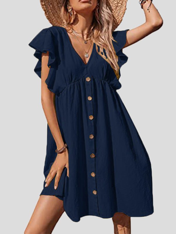 Casual V-Neck Ruffle Sleeve Button Dress Sai Feel