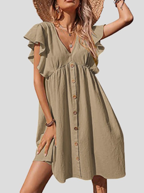 Casual V-Neck Ruffle Sleeve Button Dress Sai Feel