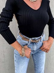 Casual V-neck solid color pit stripe long sleeve T-shirt top Sai Feel