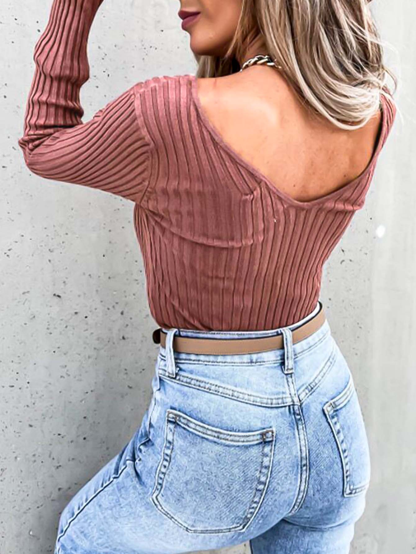 Casual V-neck solid color pit stripe long sleeve T-shirt top Sai Feel