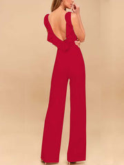 Casual deep V back trim sleeveless straight jumpsuit Sai Feel