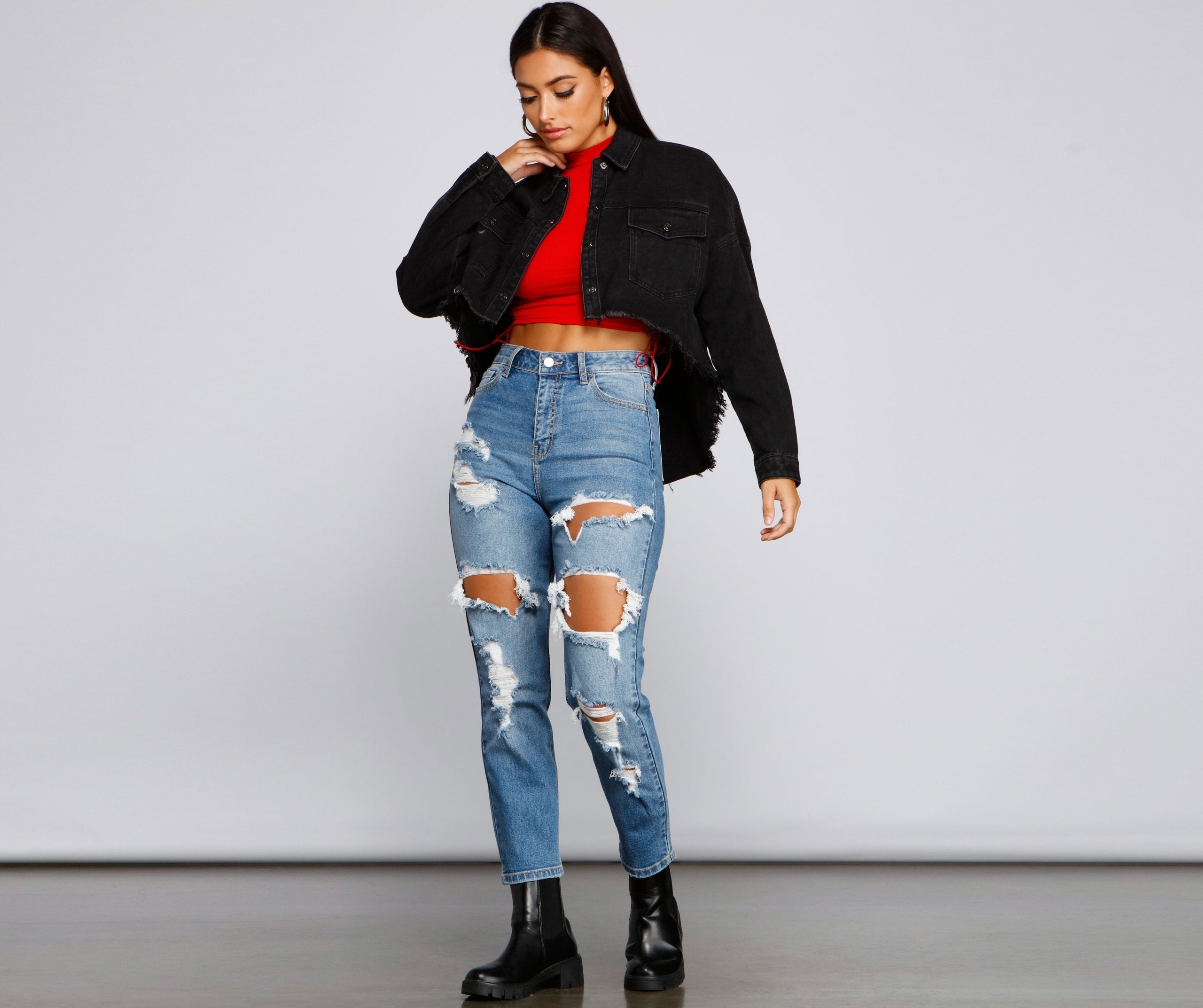 Casually Edgy High Low Cropped Denim Jacket Sai Feel