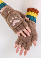Cat Paw Jacquard Mink Open Finger Gloves with Lid Sai Feel