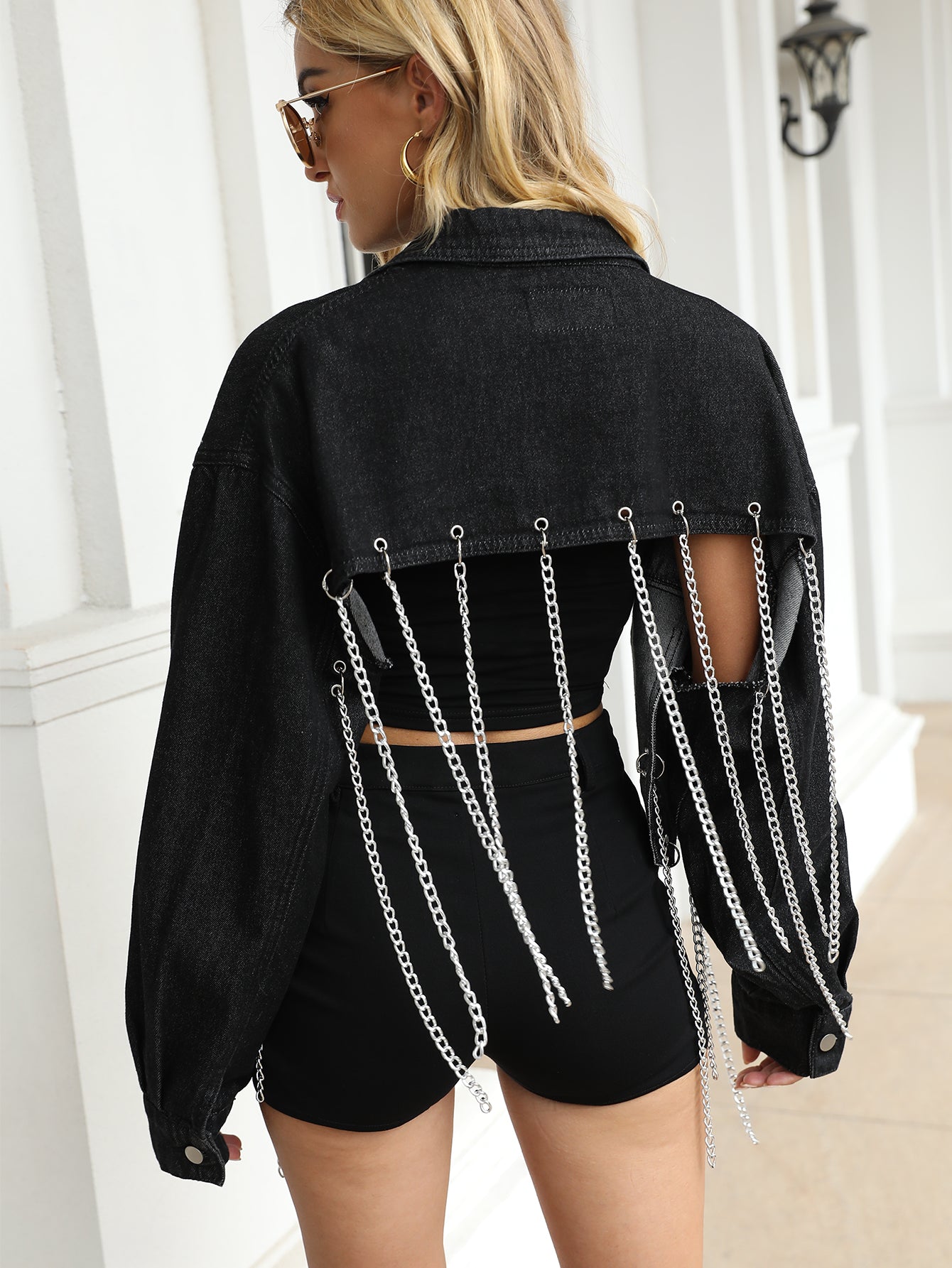 Chain Fringe Distressed Cropped Denim Jacket Sai Feel