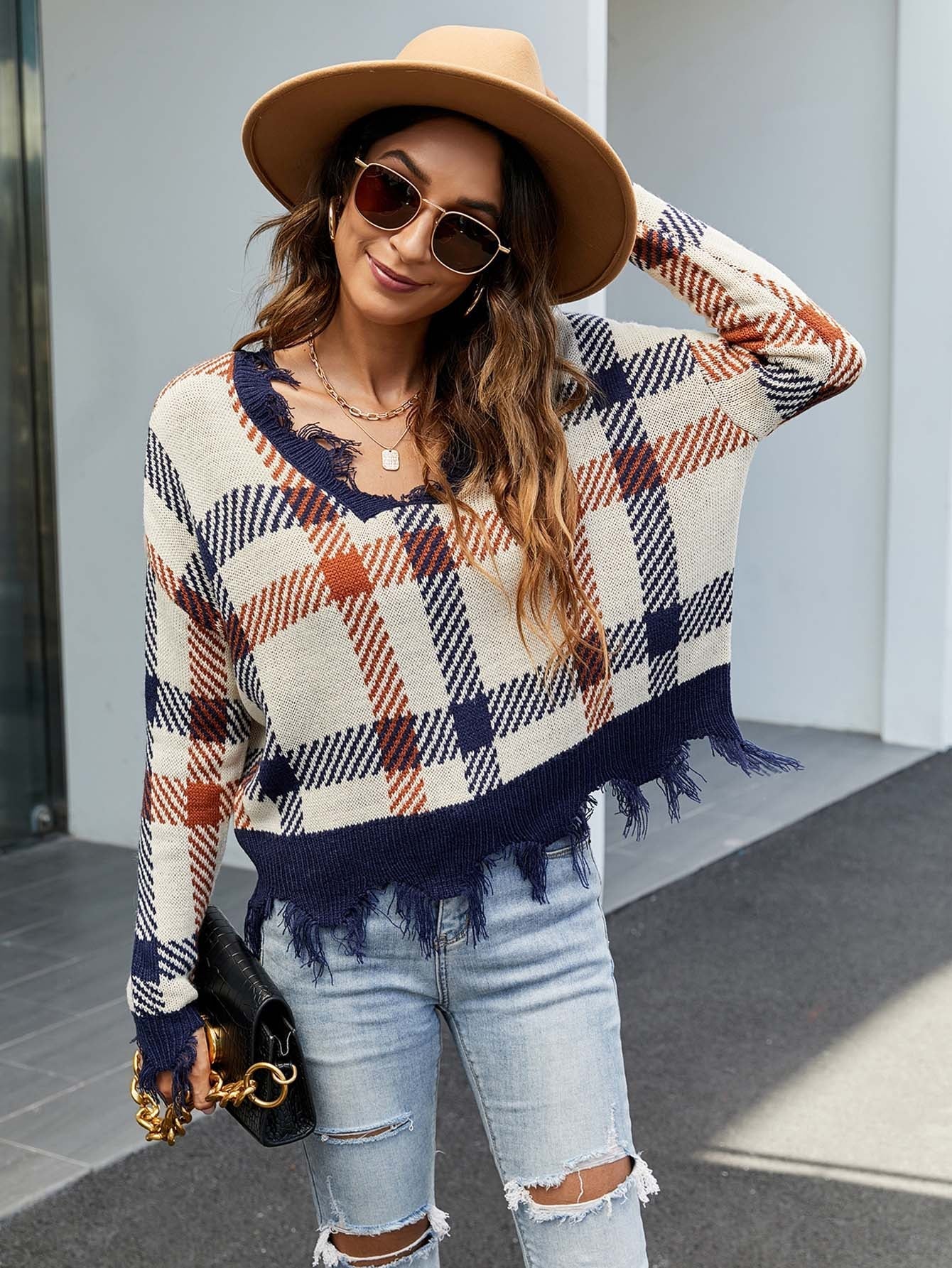 Checked loose knit sweater Sai Feel