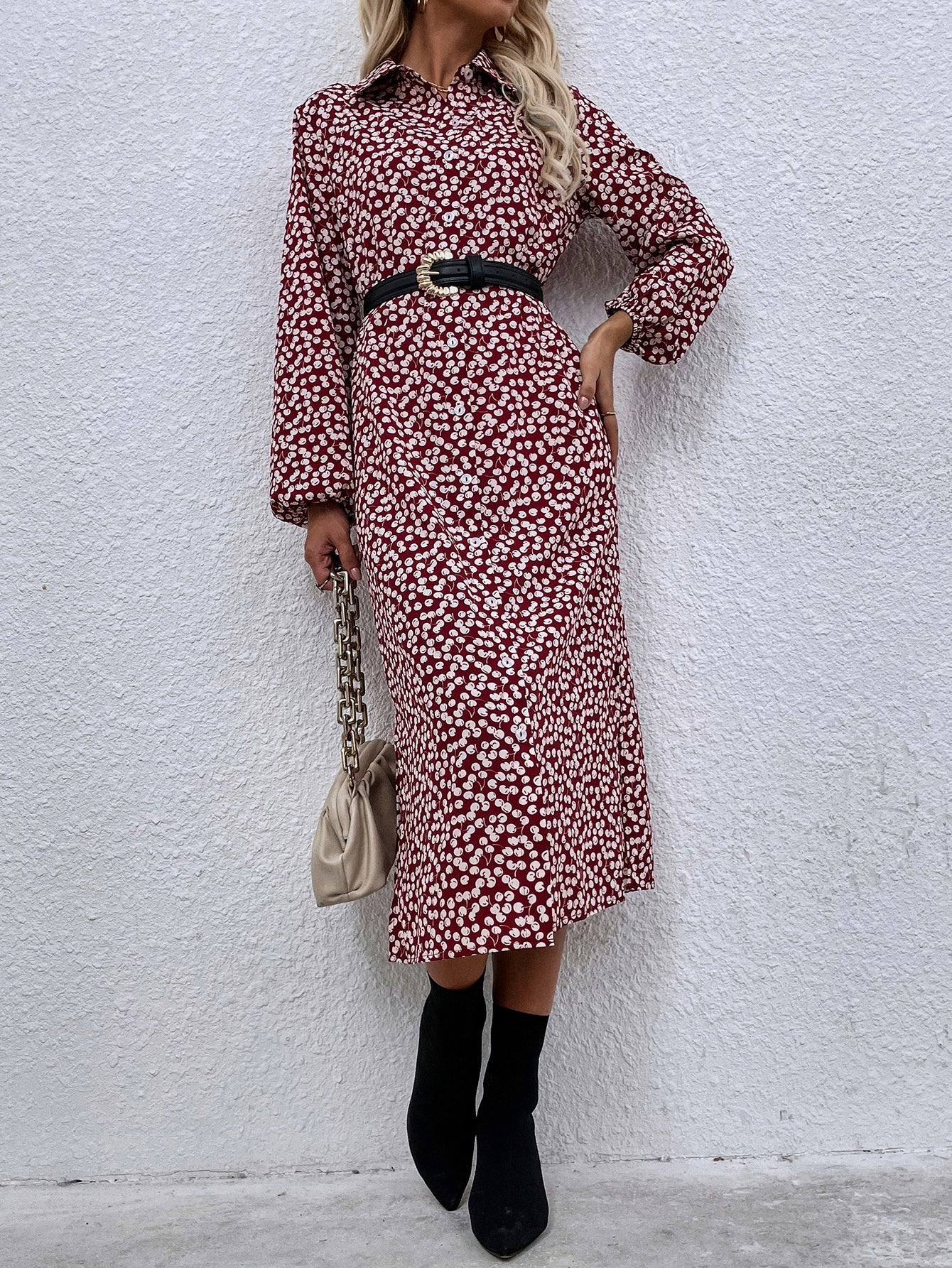 Cherry print red lapel long-sleeved single-breasted shirt dress without belt Sai Feel