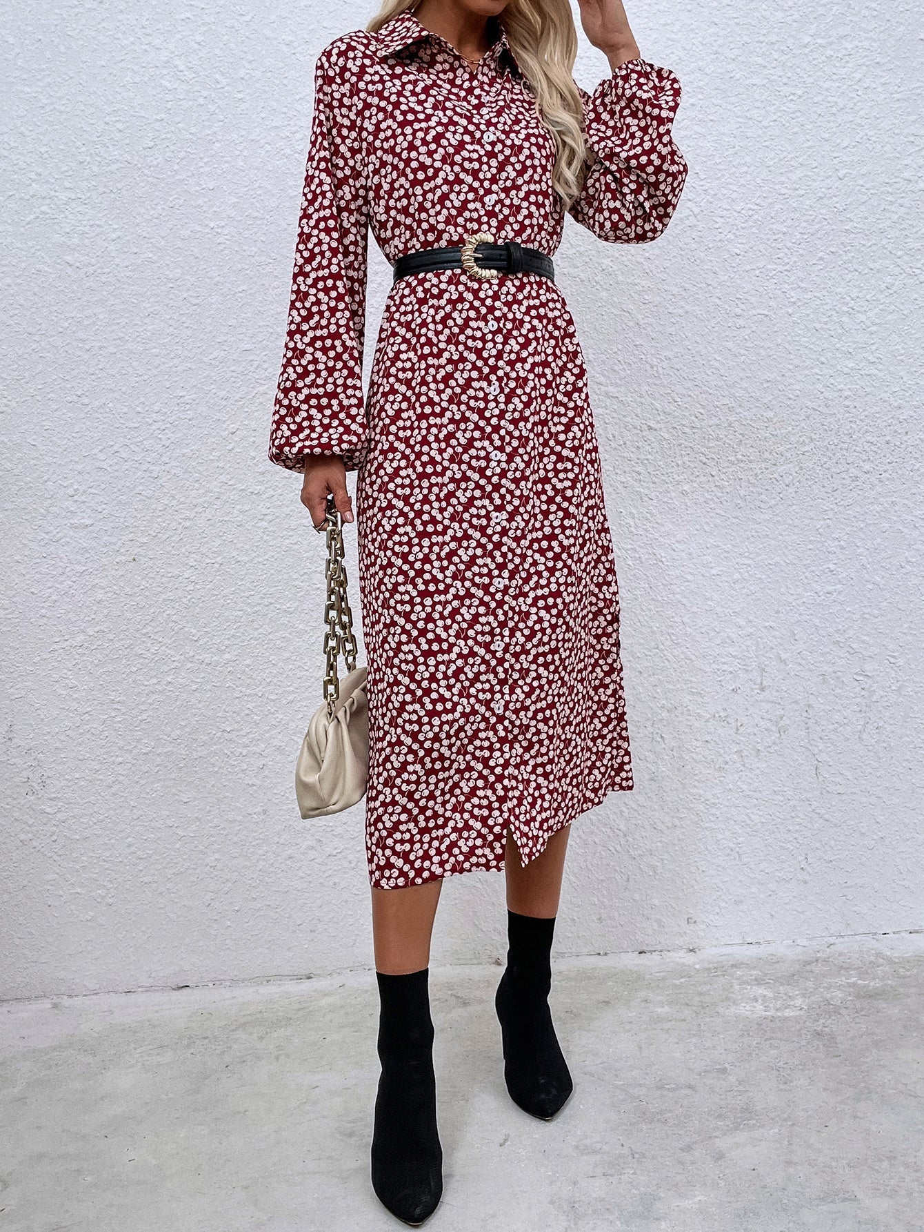 Cherry print red lapel long-sleeved single-breasted shirt dress without belt Sai Feel