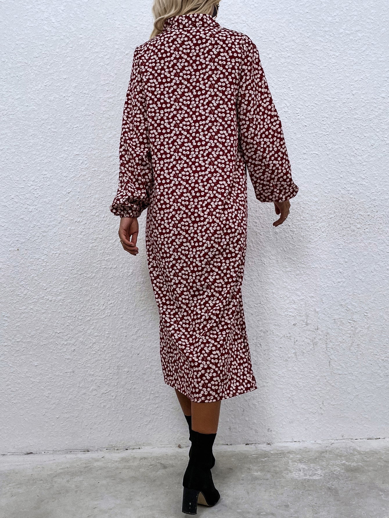 Cherry print red lapel long-sleeved single-breasted shirt dress without belt Sai Feel