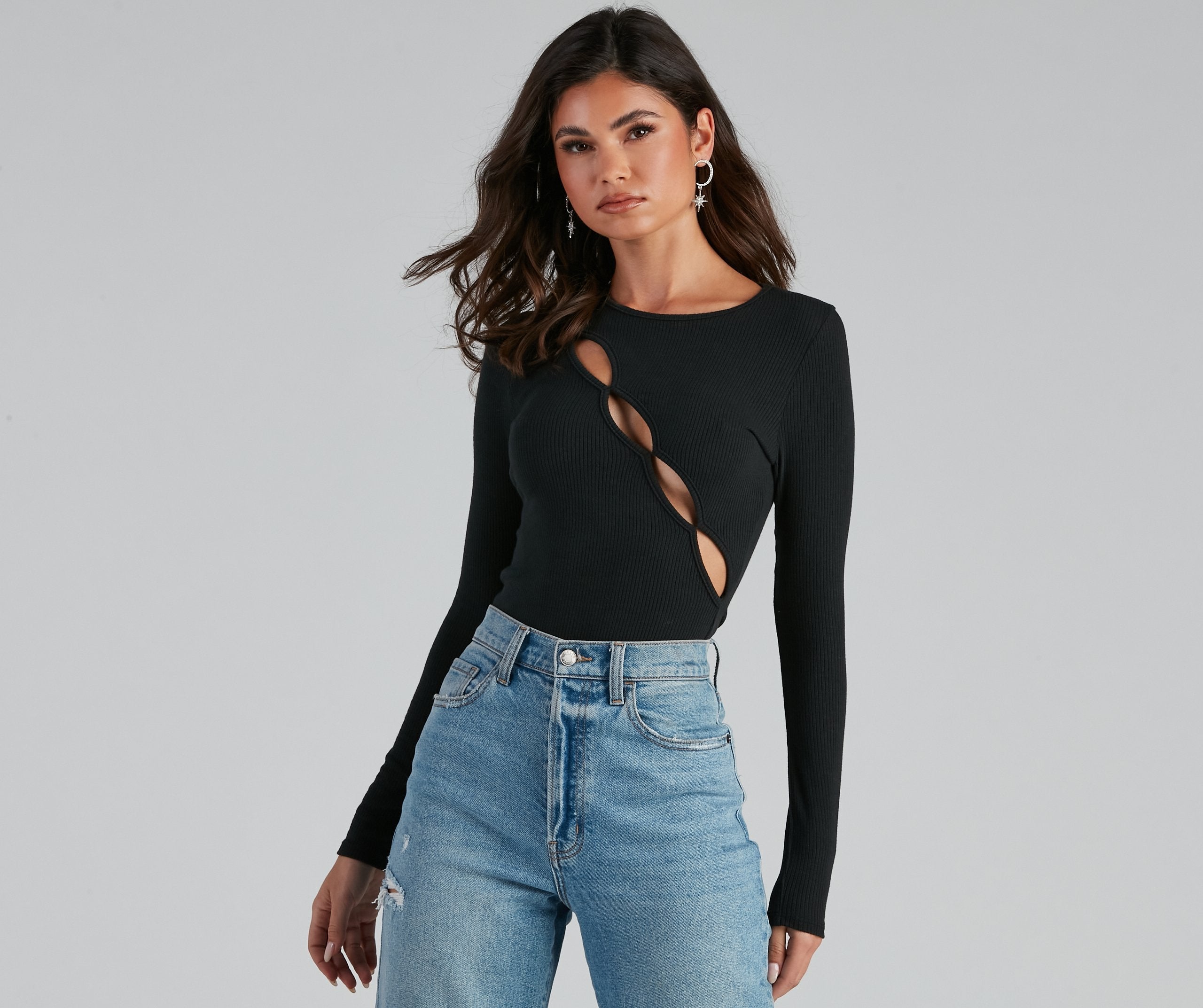 Chic Keyhole Cutout Long Sleeve Bodysuit Sai Feel