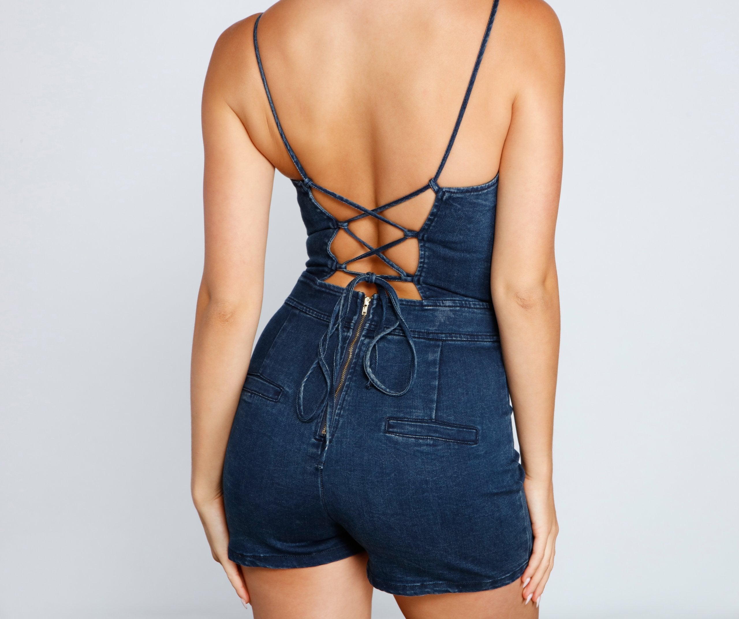 Chic Lace Up Denim Romper Sai Feel